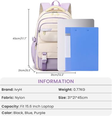Шкільний рюкзак IvyH для дівчаток та хлопчиків, 15.6