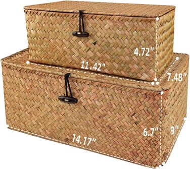 Woven Rattan Storage Basket, Storage Box with Lid, Seagrass, Laundry Baskets, Makeup Organizer for Bathroom, Living Room, Kitchen