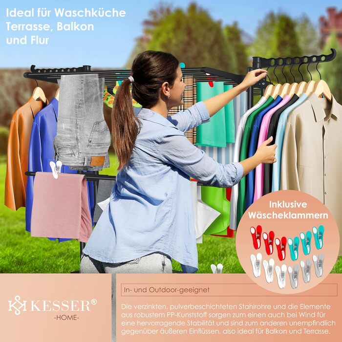 Кесер® Сушилка для білизни з колесами - тур-модель, 4 яруси, 2 обертові крила, 6 розкладних рівнів, білий/антрацит (чорний)