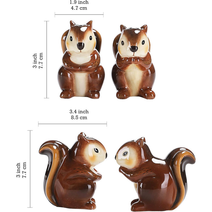 Salt and pepper shaker set, squirrel design, hand-painted, dishwasher safe