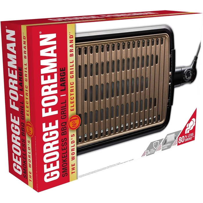 George Foreman Smokeless Grill - Indoor BBQ with Adjustable Temperature, Dishwasher-Safe Grill Plate, and Fat Tray