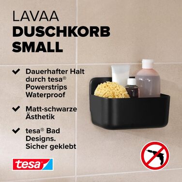 Полиця для душу tesa Lavaa S, чорна матова, настінна без свердління, з водостійкими стрічками Powerstrips XL, 200x130x110 мм