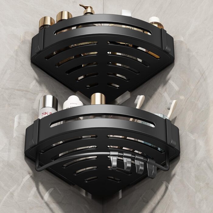 FOXWHALE Shower Shelf No Drilling, Corner Shower Rack Black, 2 Pack Triangle Shower Basket, Bathroom Shelf Bathroom Rack, Shower for Bath Kitchen Toilet Shampoo and Shower Gel (Triangular)