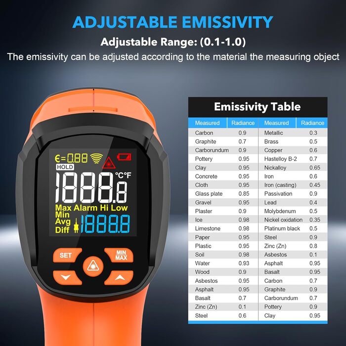 Інфрачервоний термометр MESTEK: цифровий лазерний пірометр з K-зондом (-50°C ~ 800°C), безконтактний, з LCD-дисплеєм, сигналізацією, регулюванням коефіцієнта випромінювання для кухні, гриля, авто