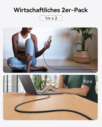 Кабель USB-C 240W, 2 шт. (2м) з LED-підсвічуванням, нейлон, для iPhone, Samsung, Pixel, iPad, MacBook.