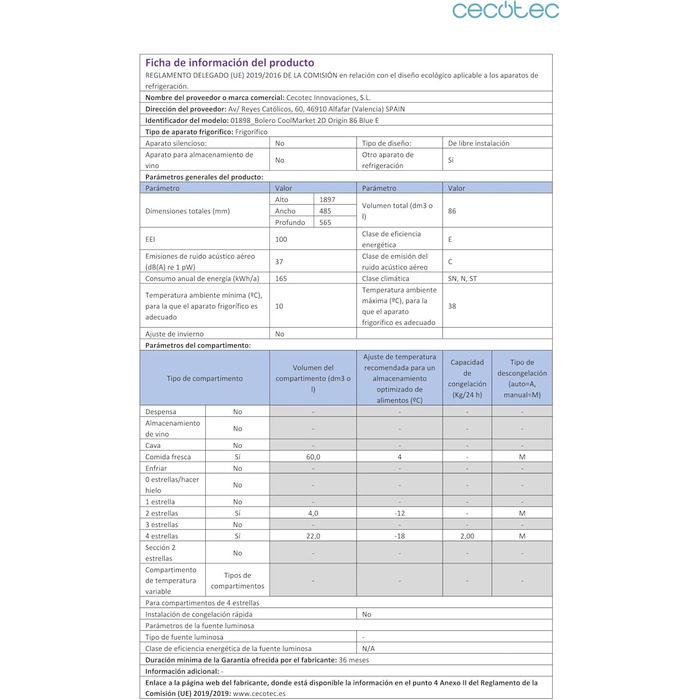 Холодильник Cecotec Bolero CoolMarket 2D Origin 86 Blue 86л, ретро, клас E, синій