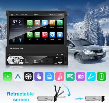 EZoneTronics 7-дюймове 1DIN автомагнітола з CarPlay/Android Auto, сенсорний екран, Bluetooth, підтримка SWC, Mirror Link, еквалайзер, FM/RDS, USB Type-C, AUX, TF-карта, камера заднього виду CW0013
