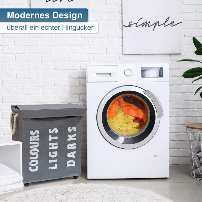 hausratplus Osoltus Laundry Box - Laundry Sorter with Lid & Wheels - Bathroom Organizer - Laundry Basket - Laundry Chest - Bathroom Laundry Sorting System - Grey