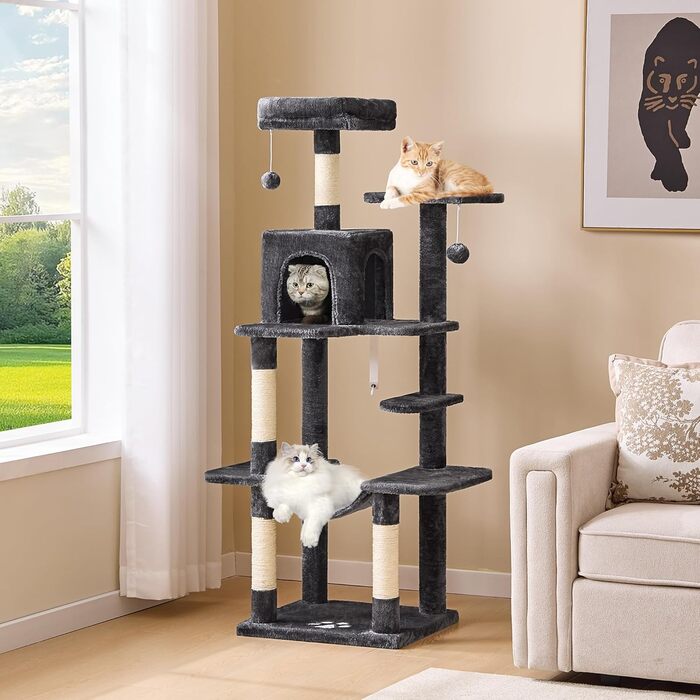 Кігтеточка для котів MSmask велика, багатоповерхова з платформами, печерами та гамаком, обтягнута сизалем (темно-сіра)