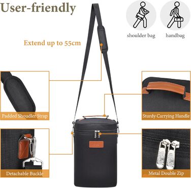 Kato Tirrinia Insulated Wine Cooler Bag, 4 Bottle Cooler Bag Wine Bag Beverage Bags with Handle and Adjustable Shoulder Strap, Gift for Wine Lovers for Picnic, Party, Beach (Cooler for 4 Bottles - Black)