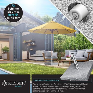 KESSER® Granit Parasol Stand with Stainless Steel Tube, High-Quality Umbrella Stand Square Base 30KG - for Umbrella Poles up to 16-48 mm, Incl. Carrying Handle Garden Balcony Parasol Stand, Grey