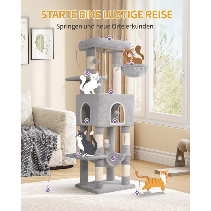 Двоповерховий комплекс для котів з 5 стовпчиками для шліфування, платформами, будиночком, помпонами, сірий (149см)