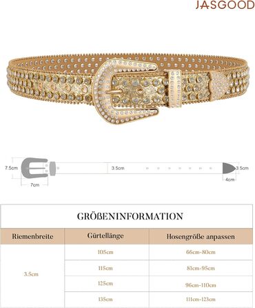 Жіночий шкіряний ремінь JasGood з камінням, в стилі вестерн, ковбойський, з заклепками, для джинсів та штанів (Золотий, 115 см, підходить для розміру 81-95 см)