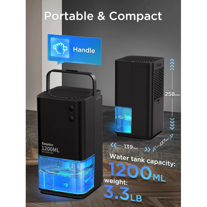 EasyAcc Електричний осушувач повітря 1200 мл, компактний, тихий, портативний, з автовимкненням та режимом сну. Ідеально для дому та офісу (чорний)