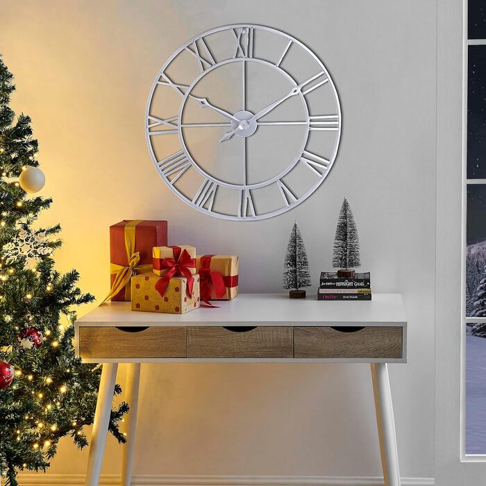 Samilito Large Wall Clock in Vintage Style, Round, Silent, Silver. Includes a FREE extra set of black clock hands. Metal clock for Loft, Living Room, Bedroom, and Kitchen decoration (Silver, 76 cm)