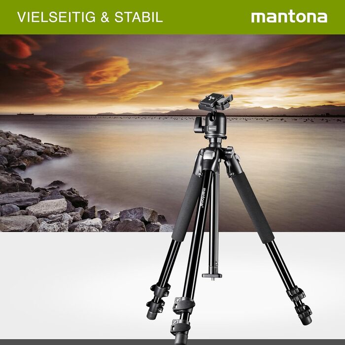 Фотоштатив Mantona Basic Scout Makro — компактний штатив для DSLR камер та макрозйомки, висота до 153 см, з реверсивною та додатковою короткою центральною колоною для outdoor фотографії