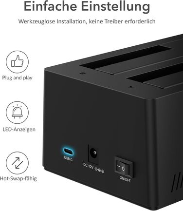 Док-станція Sabrent для 2 HDD/SSD 2.5'/3.5' з USB-C, 5Gbps, підтримка клонування, без інструментів (EC-CH2B)