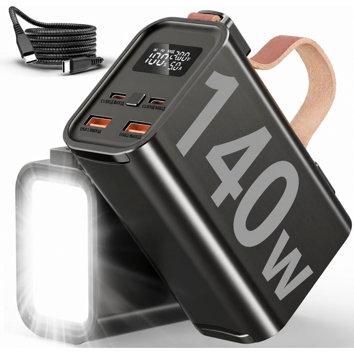 Портативний акумулятор для ноутбука 140W, 50000mAh, з LED дисплеєм, PD3.1, QC4.0, 4 виходи, 2 входи (Чорний)