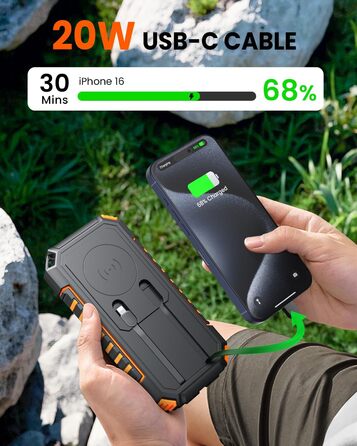 Сонячний Power Bank Riapow 27000mAh з сонячною панеллю, 22.5W, USB-C PD QC 3.0, LED-ліхтарик, 2 кабелі, для телефону та планшета, помаранчевий