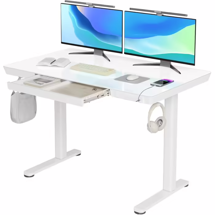 Claiks Adjustable Height Desk, Electric Standing Desk 120x60 cm, Electric Desk with Glass Top, Height Adjustable Desk, White 120 x 60 cm White