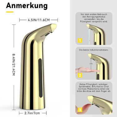 Автоматичний безконтактний диспенсер для мила з 4 рівнями регулювання, 400 мл, електричний, на батарейках, для встановлення на стільницю, з інфрачервоним сенсором (Бронзовий) (400мл Золотий)