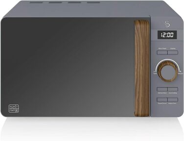Мікрохвильова піч Swan Nordic Digitale 20 л, 800 Вт, 6 режимів, таймер 30 хв, розморожування, сірий матовий, з декором з дерева