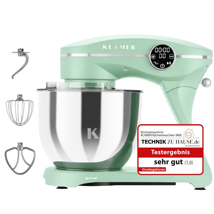 Кухонний комбайн KLAMER 1800W, планетарний міксер для тіста з чашею з нержавіючої сталі 6л (Premium Mint)