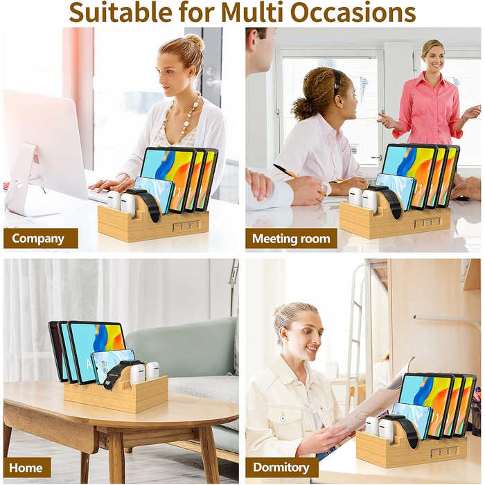 Багатофункціональна заряджна станція 5-в-1 з бездротовою зарядкою, світлом та годинником, бамбук, сумісна з годинниками, AirPods, Samsung Galaxy та іншими пристроями