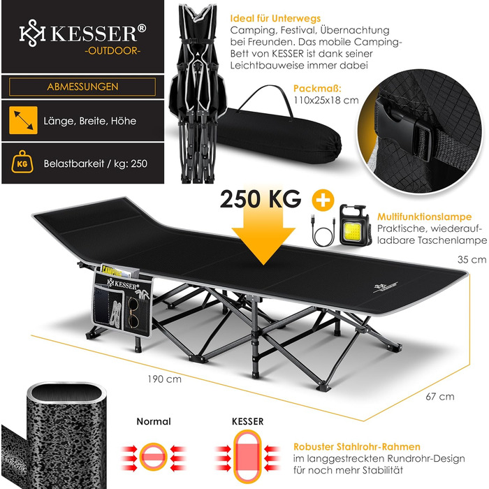 Кемпінгове ліжко KESSER® розкладне, металеве, чорне, 190 см з сумкою та ліхтарем