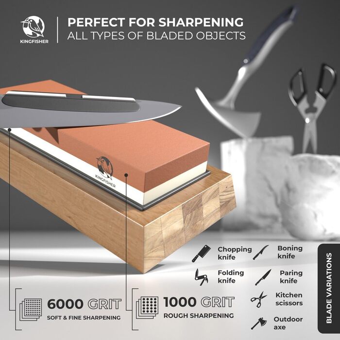 Шліфка для ножів Kingfisher 1000/6000 грінь, з підставкою, для професійного заточування ножів та інструментів, з кутовою наставкою