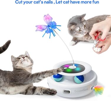 GoldenSun Cat Toy, 3 in 1 Electric Interactive Automatic Toy for Cats, Whack-A-Mole, Fluttering Butterfly, including Ball, USB Rechargeable Cat Teaser with 6 Attachments (Z 3 Butterfly)
