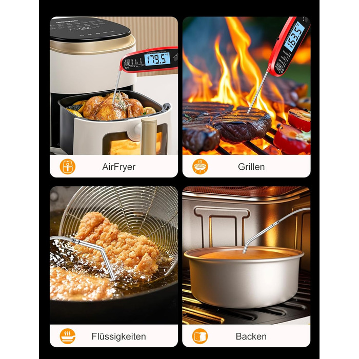 Термометр для м'яса Babacom з миттєвим відображенням та двома зондами, великим екраном, налаштуванням тривоги та калібруванням. Підходить для приготування на грилі, в духовці, для цукру та рідин.