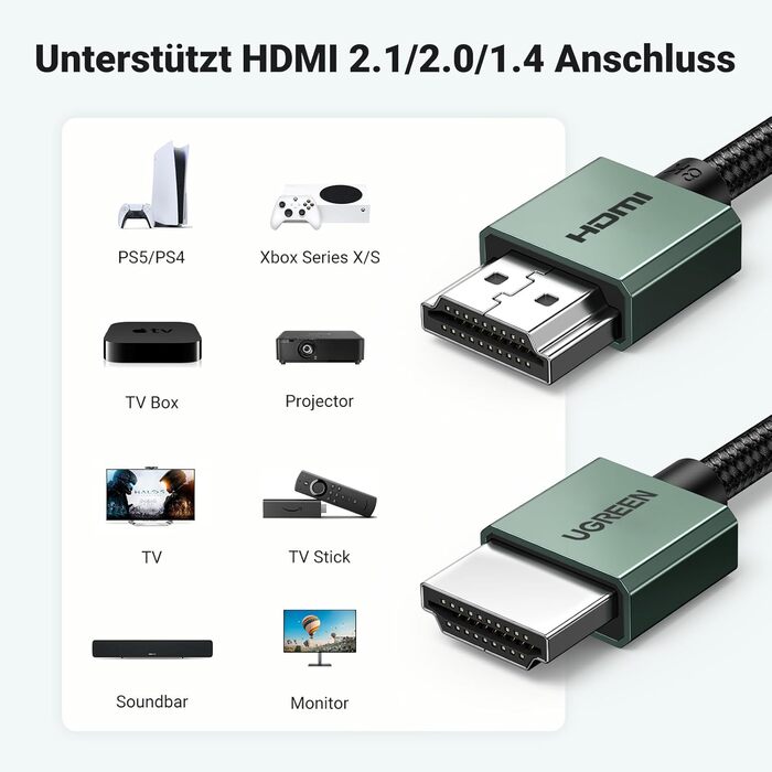 Кабель HDMI UGREEN 8K Flexibles, 2.0 м, 48Gbps, High Speed, сумісний з PS5, PS4, Xbox Series X/S, HDTV, проектор