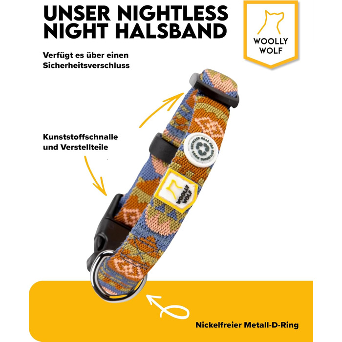 Нашийник для собак маленьких порід Woolly Wolf Nightless Night, XS - регульований, з переробленого поліестеру