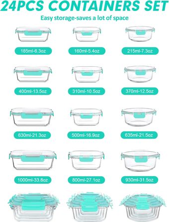 Набір контейнерів Verones 24 шт. з кришкою, повітріобмінний, скляний, для зберігання їжі, зелений