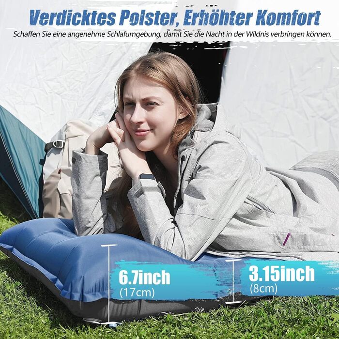 Килимок туристичний самонадувний Ciskotu 8 см з подушкою для кемпінгу, пікніків та подорожей (синьо-сірий)