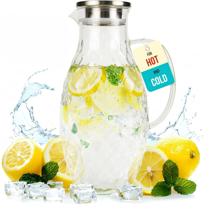 Borosilicate glass carafe with lid - Glass carafe with unique diamond pattern for 3 liters of cold or hot water - Water carafe and drink dispenser for homemade iced tea and juice