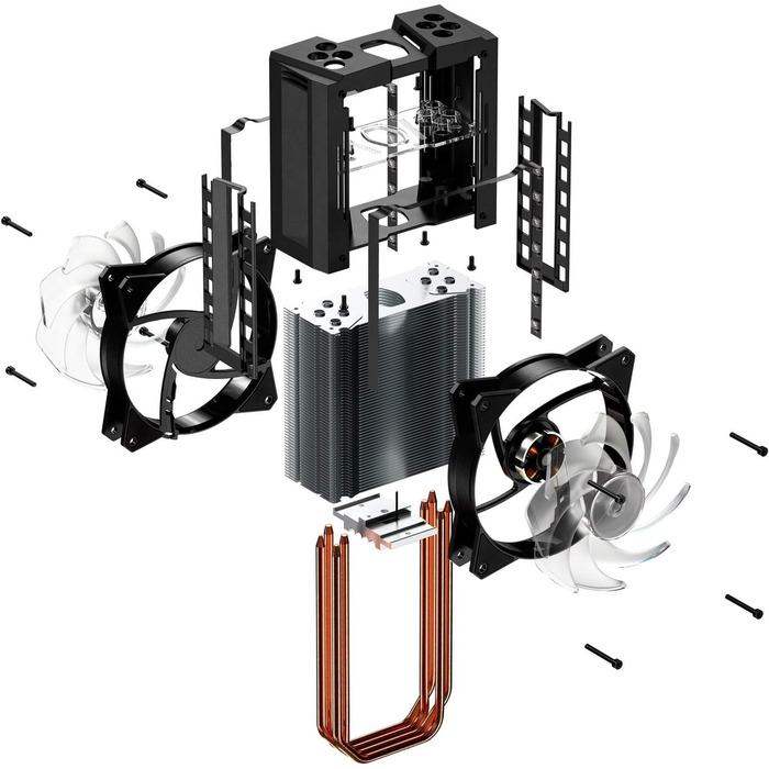 Охолоджувач CPU Cooler Master MasterAir MA410M з RGB підсвічуванням: двотурна конструкція, 6 heatpipes, тихий вентилятор SF120R