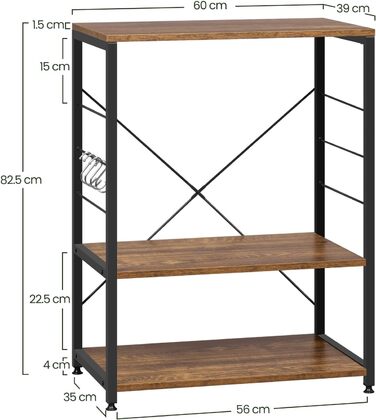 Kitchen Shelf, Microwave Shelf with 4 Hooks, Baking Shelf with 3 Tiers, Storage Shelf for Kitchen, Cafe, Living Room, Bathroom, 60 x 82 x 40 cm, Vintage Wood Look + Black