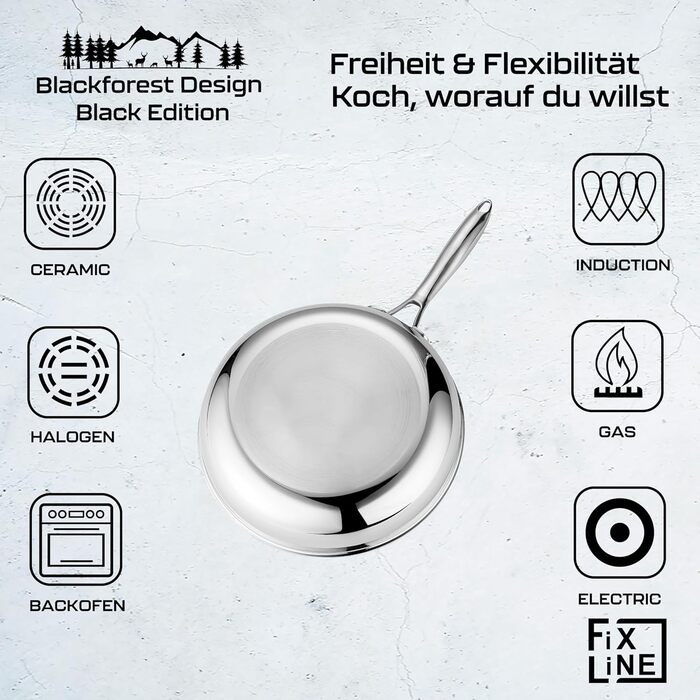 FIXLINE® Сковорода Black Forest 28 см - RED Design - антибактеріальне покриття без PTFE - для всіх типів плит (включно з індукцією) - можна використовувати в духовці до 250°C - легке очищення - ідеальна ідея для подарунка. Сковорода з антибактеріальним по