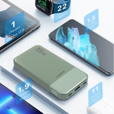 Power Bank JUOVI 35W 10000mAh з LED дисплеєм: швидка зарядка PD3.0/QC4.0 для iPhone 16/15/14, Samsung, Switch та інших пристроїв (зелений)