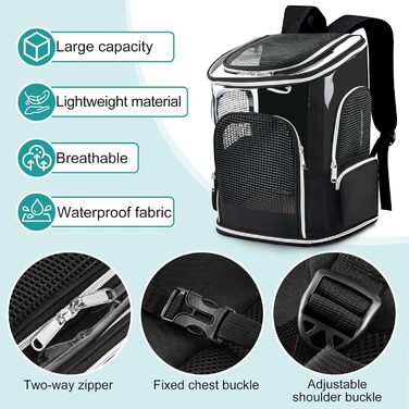 Рюкзак для кота та собаки: зручний та легкий для подорожей та прогулянок (до 9 кг), з сіткою та мискою, чорний