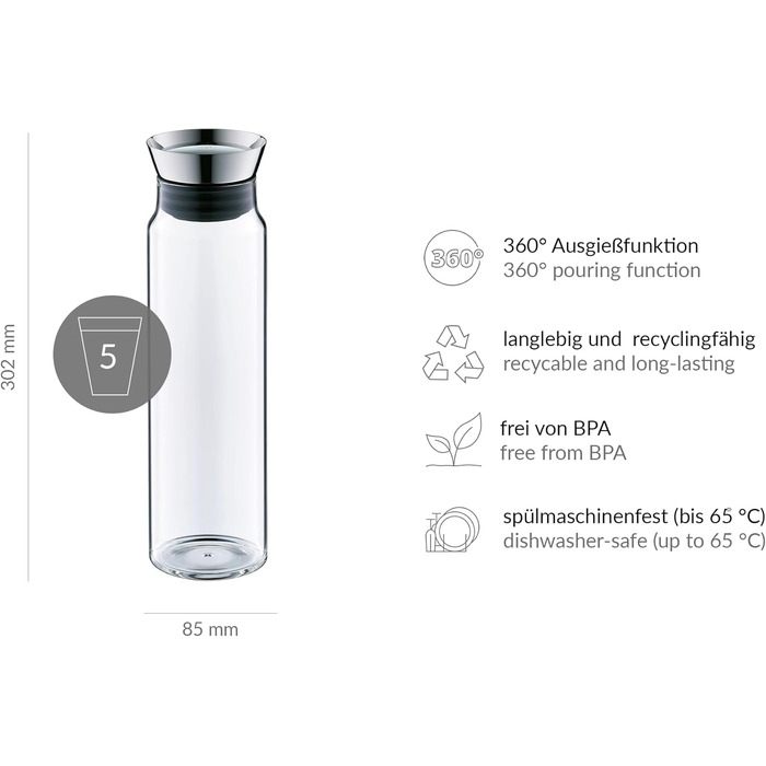 alfi 2417020100 flowMotion Carafe, Borosilicate Glass, Single-Wall, 1 L