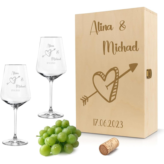 Leonardo Wine Glasses Set of 2 with Wooden Box and Engraving for Him & Her. Only Love Matters. Personalized with Name & Date. Heart-Shaped Glass Leonardo Puccini, 560ml.