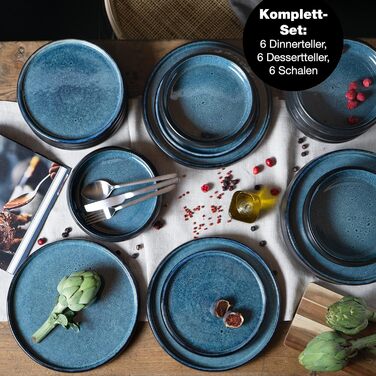 Набір посуду Moritz & Moritz SOLID 18 предметів з порцеляни для 6 осіб - 6 тарілок для вечері, 6 невеликих тарілок, 6 глибоких тарілок, блакитний набір посуду