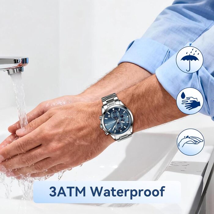 Чоловічий годинник MEGALITH з нержавіючої сталі, хронограф, водостійкий, аналоговий годинник для бізнесу, з календарем та підсвічуванням (B-silber-an)