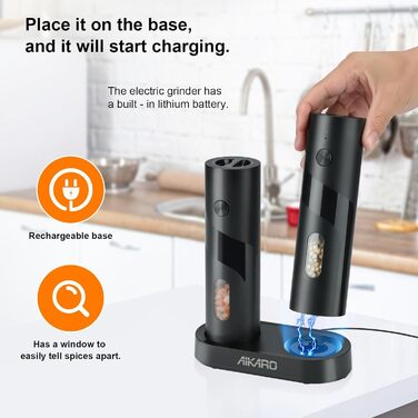 Електрична млинка для солі та перцю Aikarо - автоматична, з акумулятором, перезарядна база в комплекті