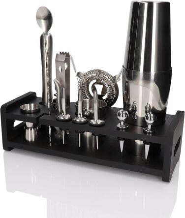 Набір для коктейлів Whiskey Rocks 17-Piece з бамбуковим підставкою: шейкер, мірний стакан, товкачик, ложка, з нержавіючої сталі, сріблястий