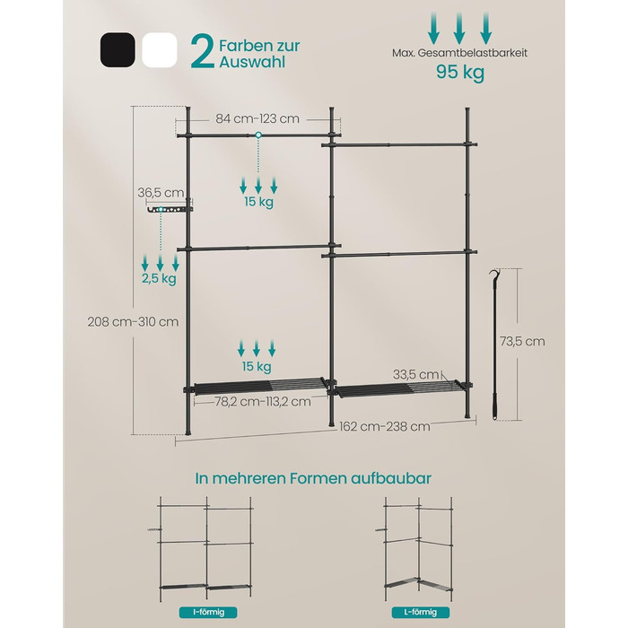 SONGMICS Telescopic Rod Clothes Rack, 3-Tier Wardrobe, Height and Width Adjustable, Open Clothes Closet with 2 Garment Rods and Removable Shelf, Grab Arm, HSR136B01 (Matte Black, 2 Rows (162B~238B) cm)