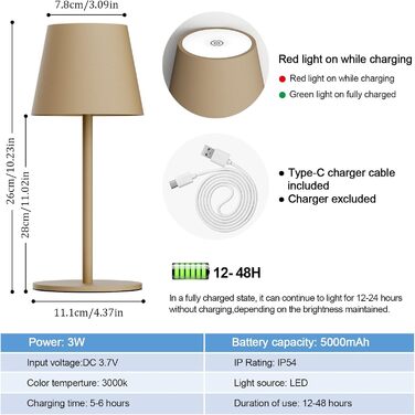 Акумуляторний LED світильник настільний 26 см, 5000mAh, Khaki (2 шт) - кемпінговий, водонепроникний IP54, для ресторану, спальні, бару